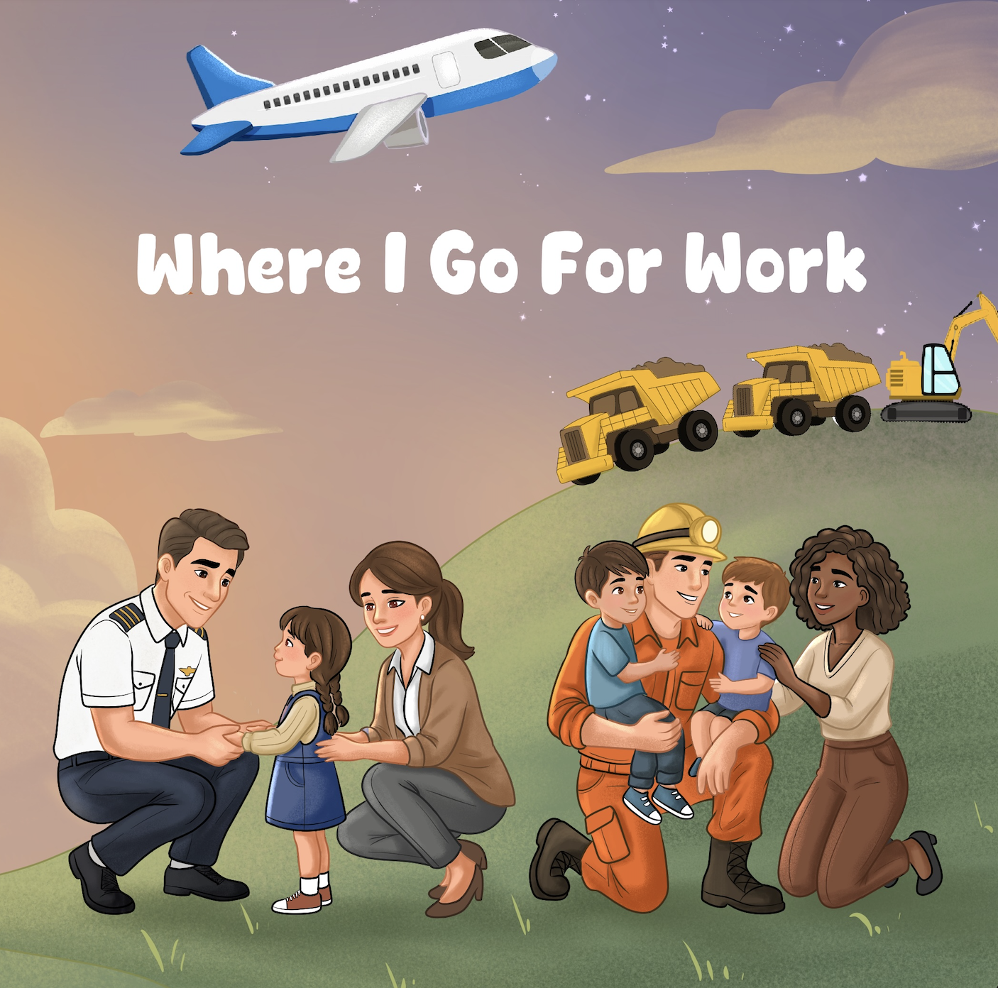 Where I Go for Work - illustrated book cover showing families with a pilot, miner, and mining trucks