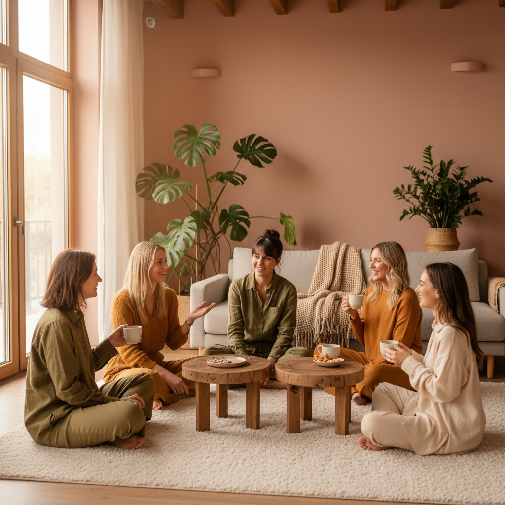Women in a warm, supportive group conversation with cups of tea